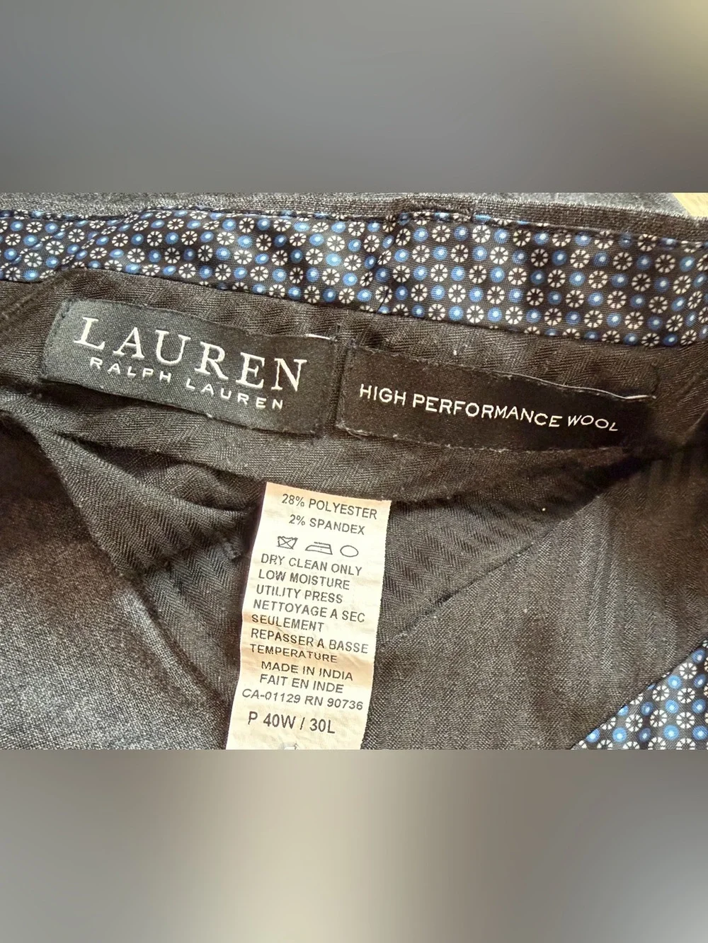Lauren Ralph Lauren Dress Pants Mens 40x30 Gray Flat Front High Performance Wool